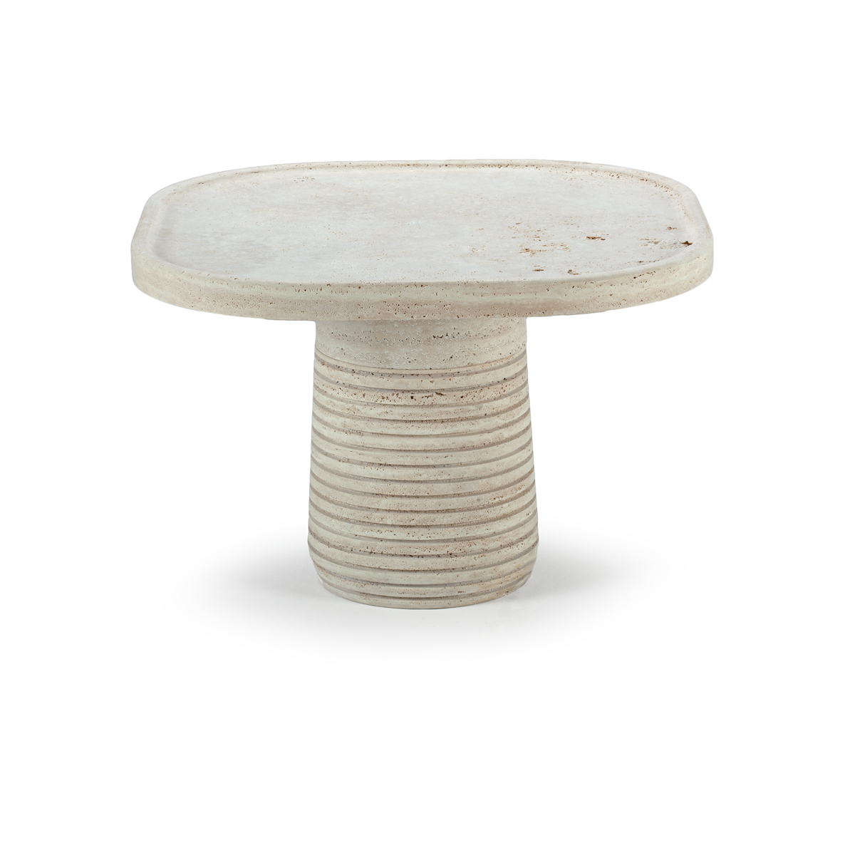 Poppy side table in natural travertine with characteristic holes and pits – theMADgroup