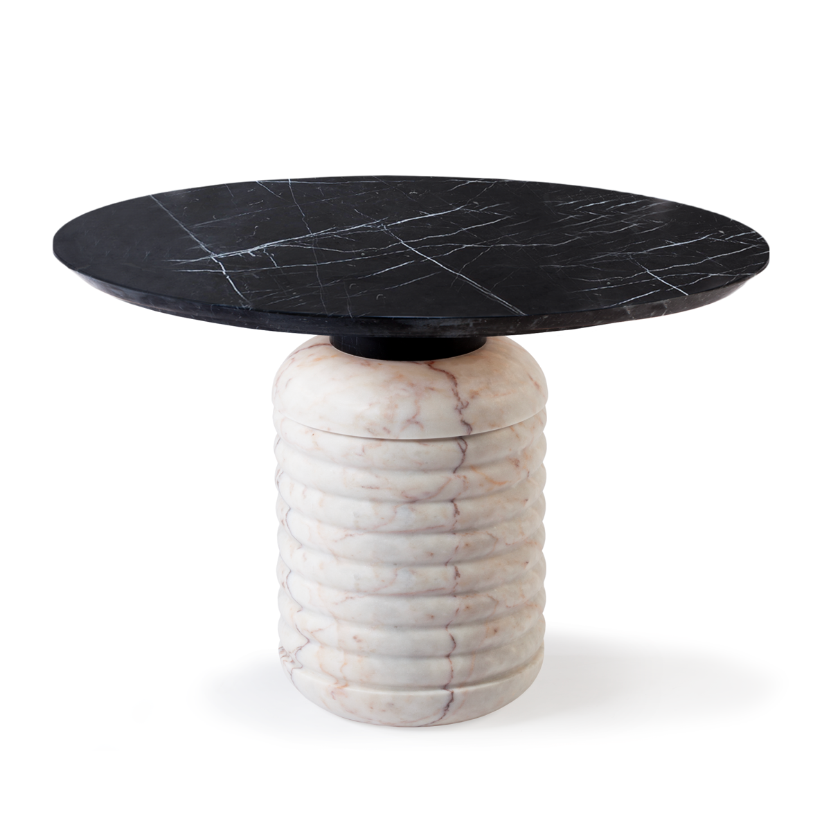 Jean dinner table with estremoz marble base, nero marquina middle, and estremoz pink marble top – theMADgroup