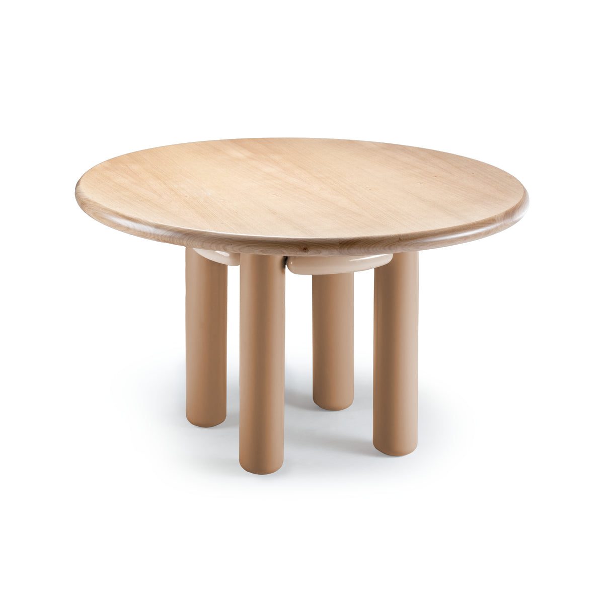 Kai dinner table with natural oak base, salmon lacquered metal tubes – theMADgroup