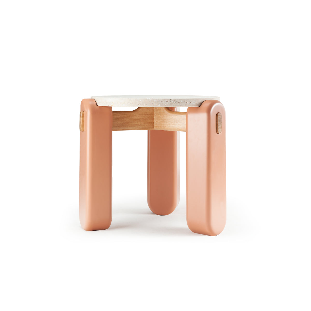 Mona side table with travertine top, powder lacquered wood feet, and natural oak accents – theMADgroup