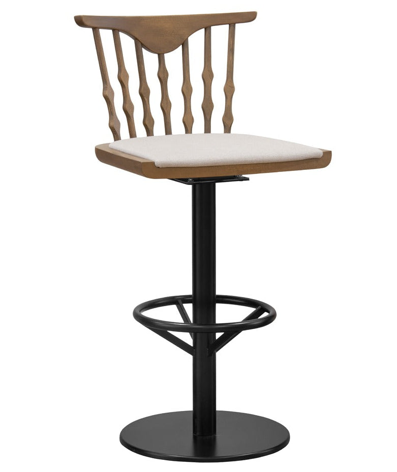 TMG - Cracker Barrel but make it lux - Swivel Barstool with wooden spindle backrest, cushioned seat, and black metal base with footrest | theMADgroup