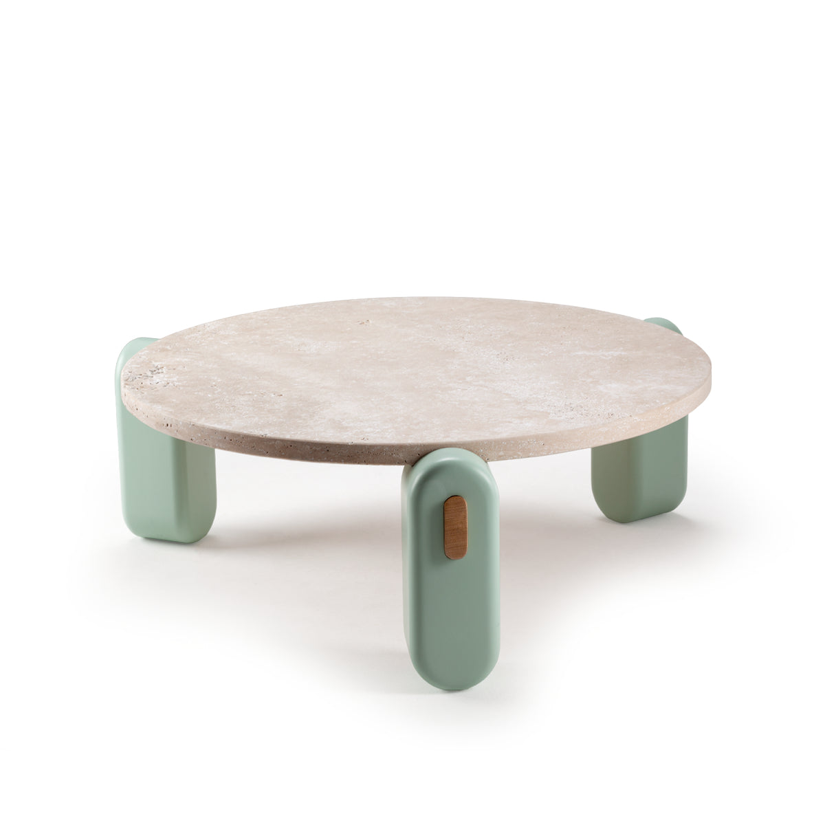 Mia center table with travertine top, jade lacquered feet, and natural oak accents – theMADgroup