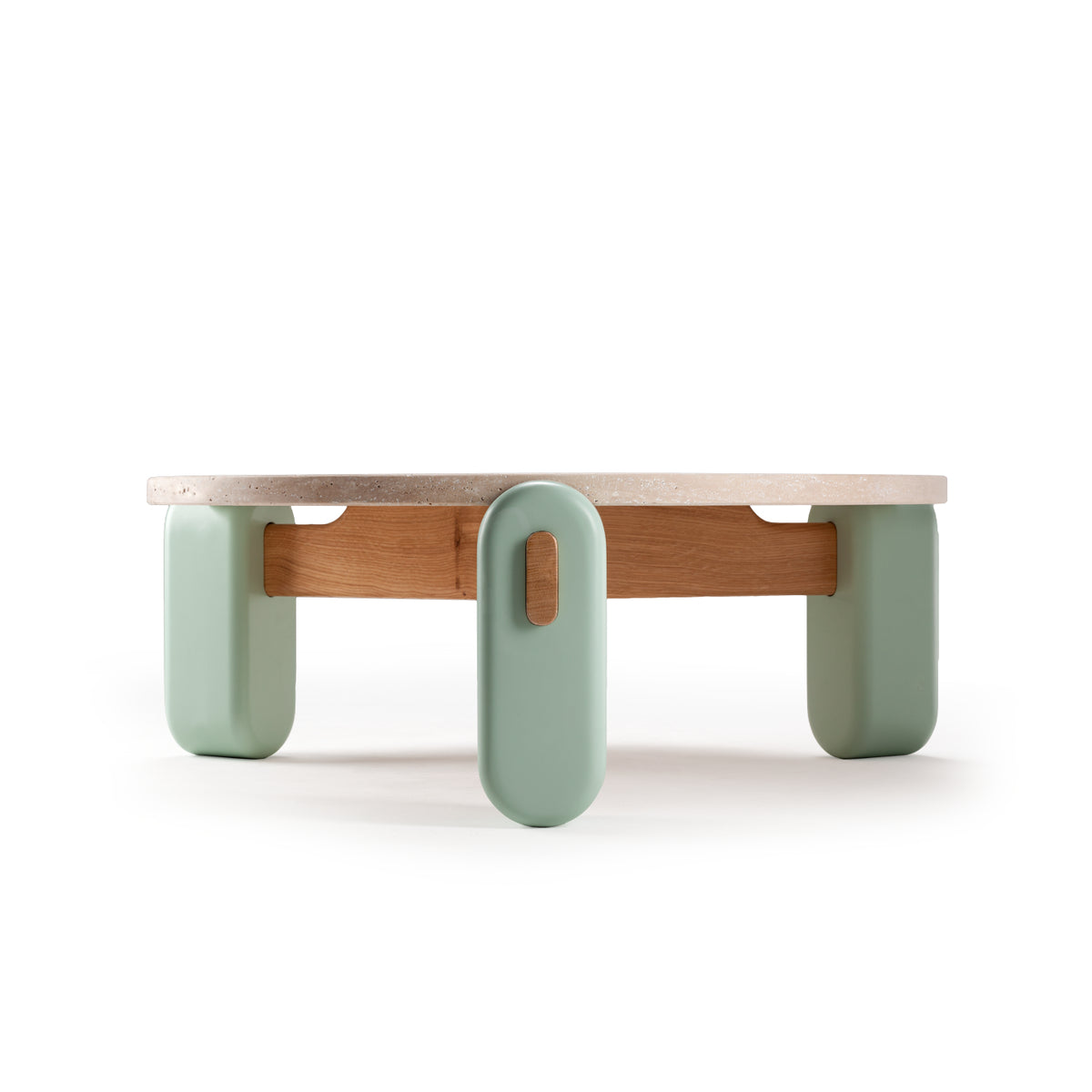 Mia center table with travertine top, jade lacquered feet, and natural oak accents – theMADgroup
