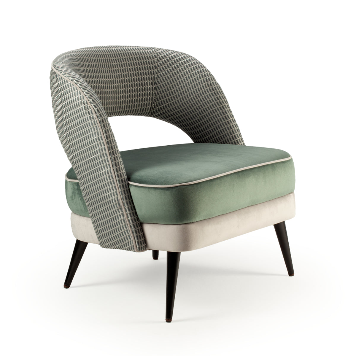 Ava Armchair with stamp teal back, barcelona fir & mouse seat, black wood feet – theMADgroup