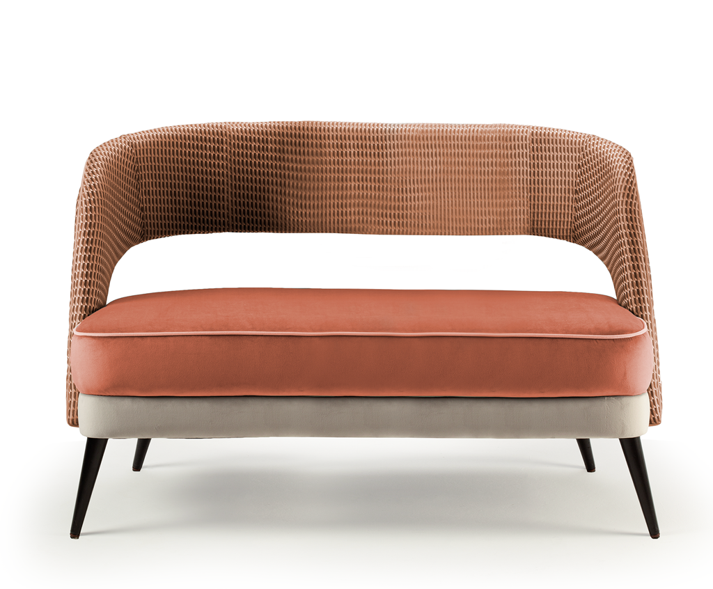 Ava Settee with Stamp Burnt Orange Back, Barcelona Brick and Mouse Seat, Black Lacquered Wood Feet – theMADgroup