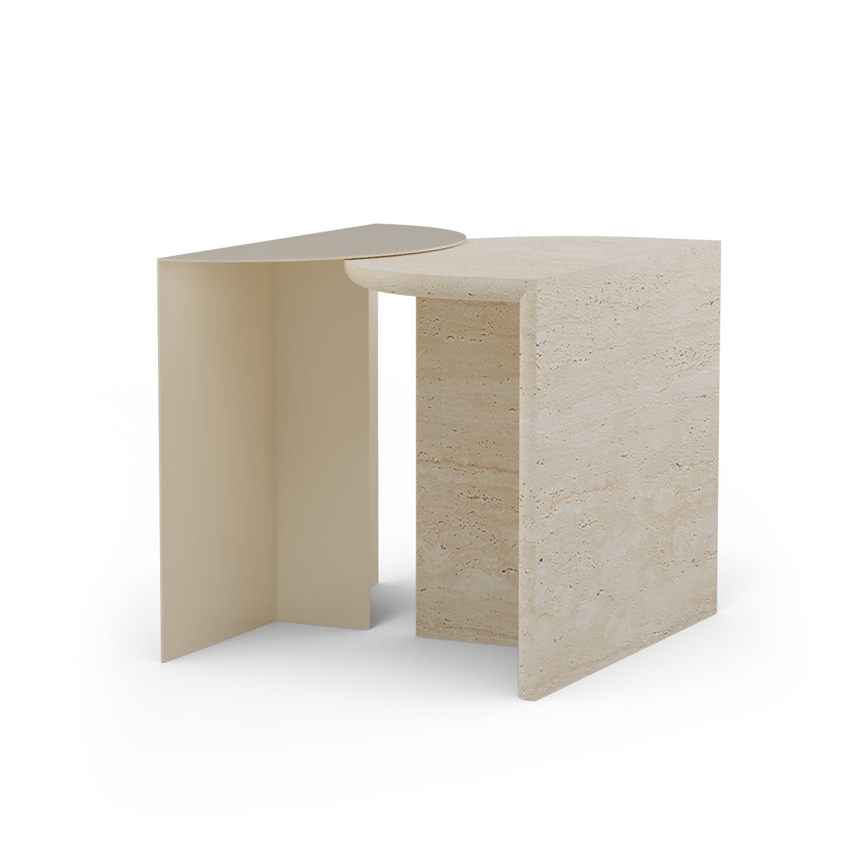 Duplex side table with ivory lacquered metal and travertine marble – theMADgroup