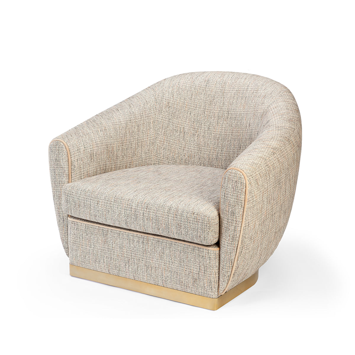 Grace Armchair in Alston Flamingo and Paris Champagne with polished brass base and piping – theMADgroup
