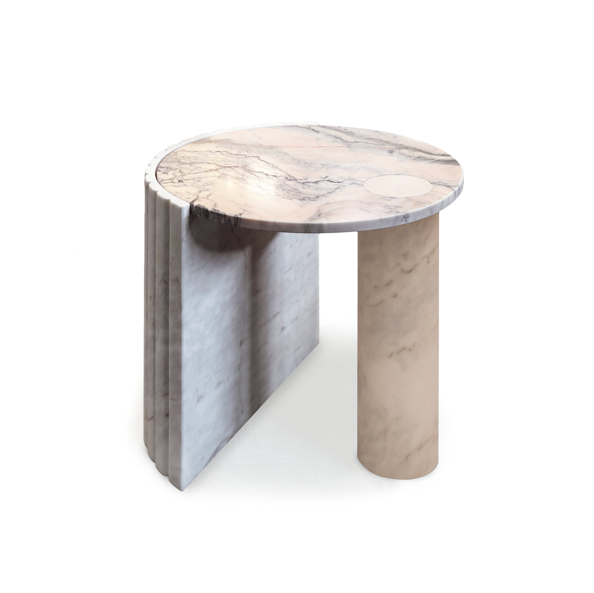 Helene side table with estremoz rose marble top, textured estremoz white marble base, and cylindric estremoz rose support – theMADgroup