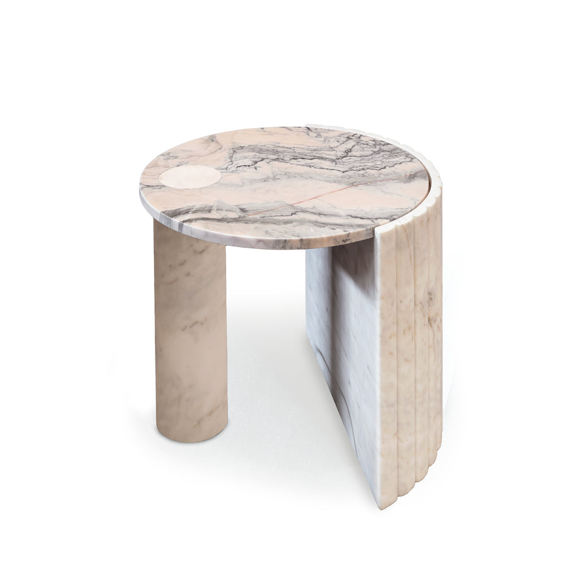 Helene side table with estremoz rose marble top, textured estremoz white marble base, and cylindric estremoz rose support – theMADgroup