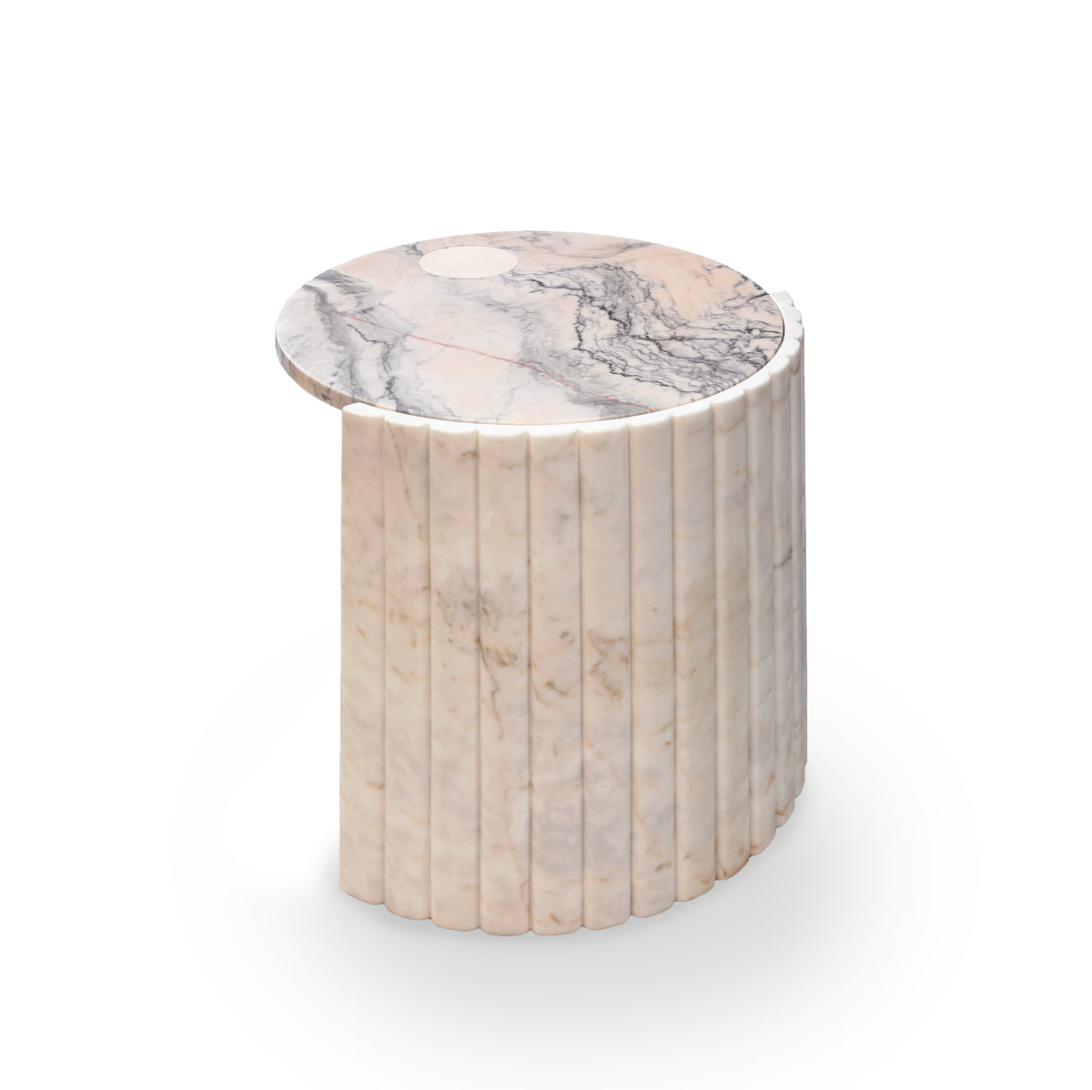 Helene side table with estremoz rose marble top, textured estremoz white marble base, and cylindric estremoz rose support – theMADgroup