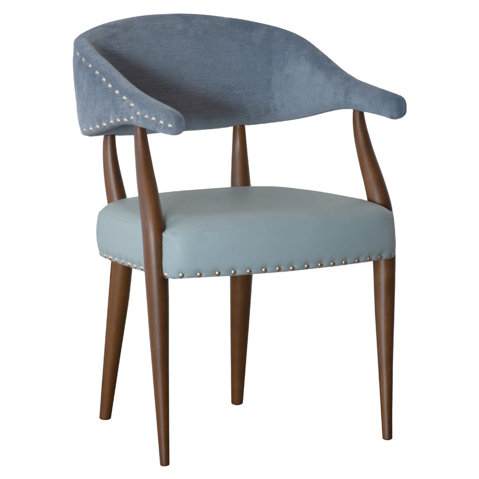 Maria Armchair - Elegant blue upholstered dining chair with stud detailing and wooden legs | theMADgroup