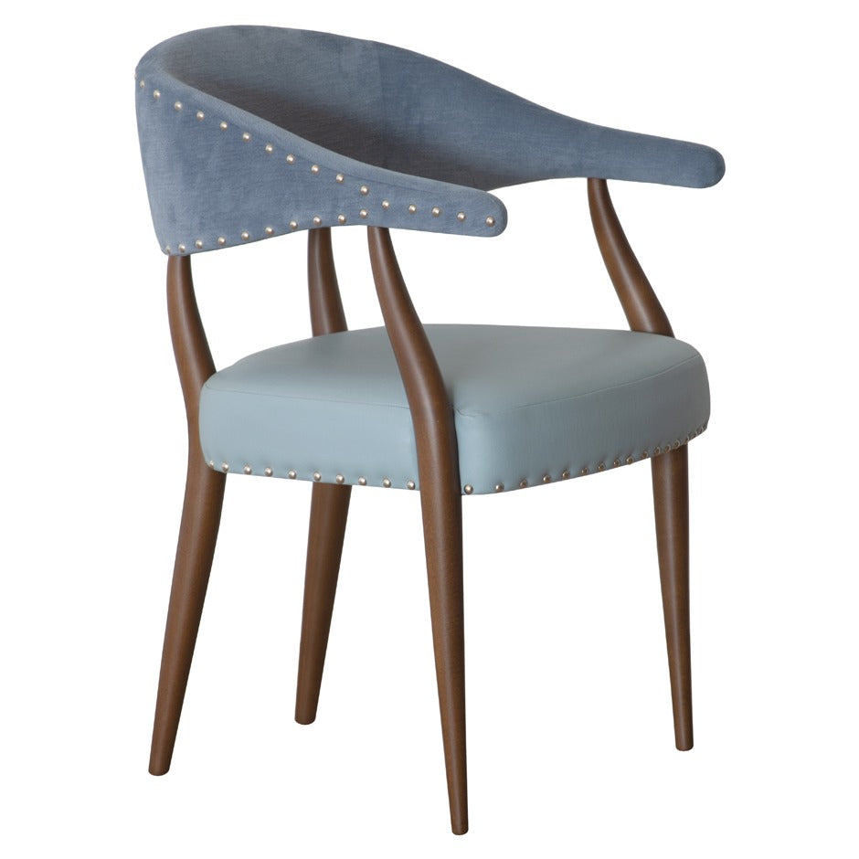 Maria Armchair - Elegant blue upholstered dining chair with stud detailing and wooden legs | theMADgroup