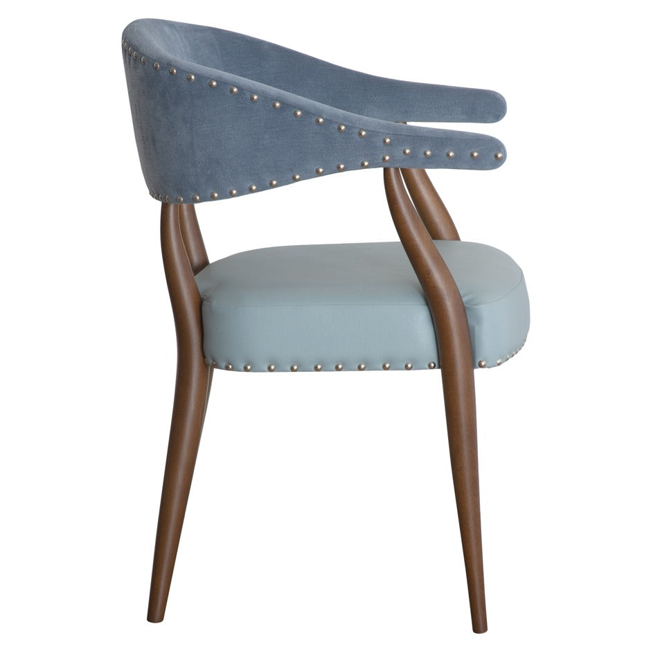 Maria Armchair - Elegant blue upholstered dining chair with stud detailing and wooden legs | theMADgroup