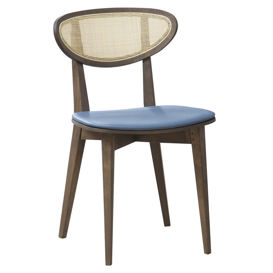 Riviera 3 Dining Chair - Modern wood chair with cane backrest and blue upholstered seat | theMADgroup