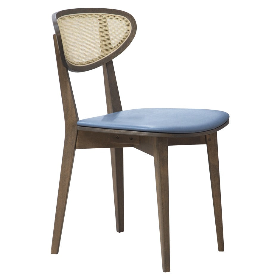 Riviera 3 Dining Chair - Modern wood chair with cane backrest and blue upholstered seat | theMADgroup