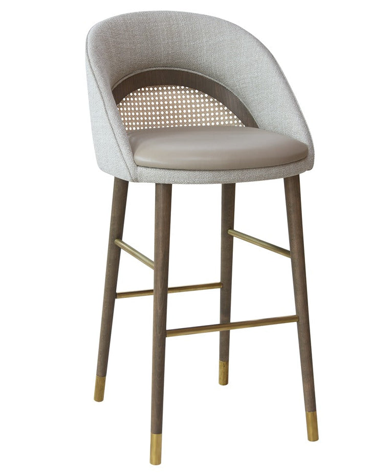 Sinatra Beta Cane Bar Stool with curved upholstered back and cane insert | theMADgroup