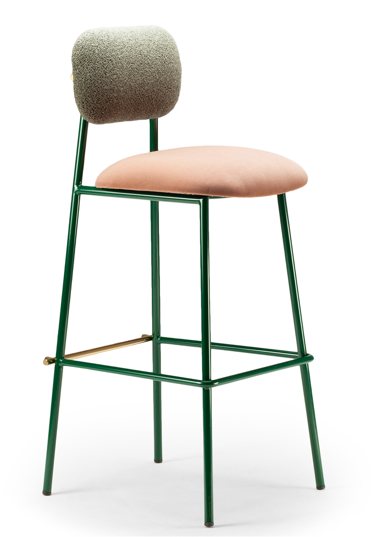 Miami Bar Chair with bouclé celadon back, rose water seat, emerald metal legs, and brass accents – theMADgroup