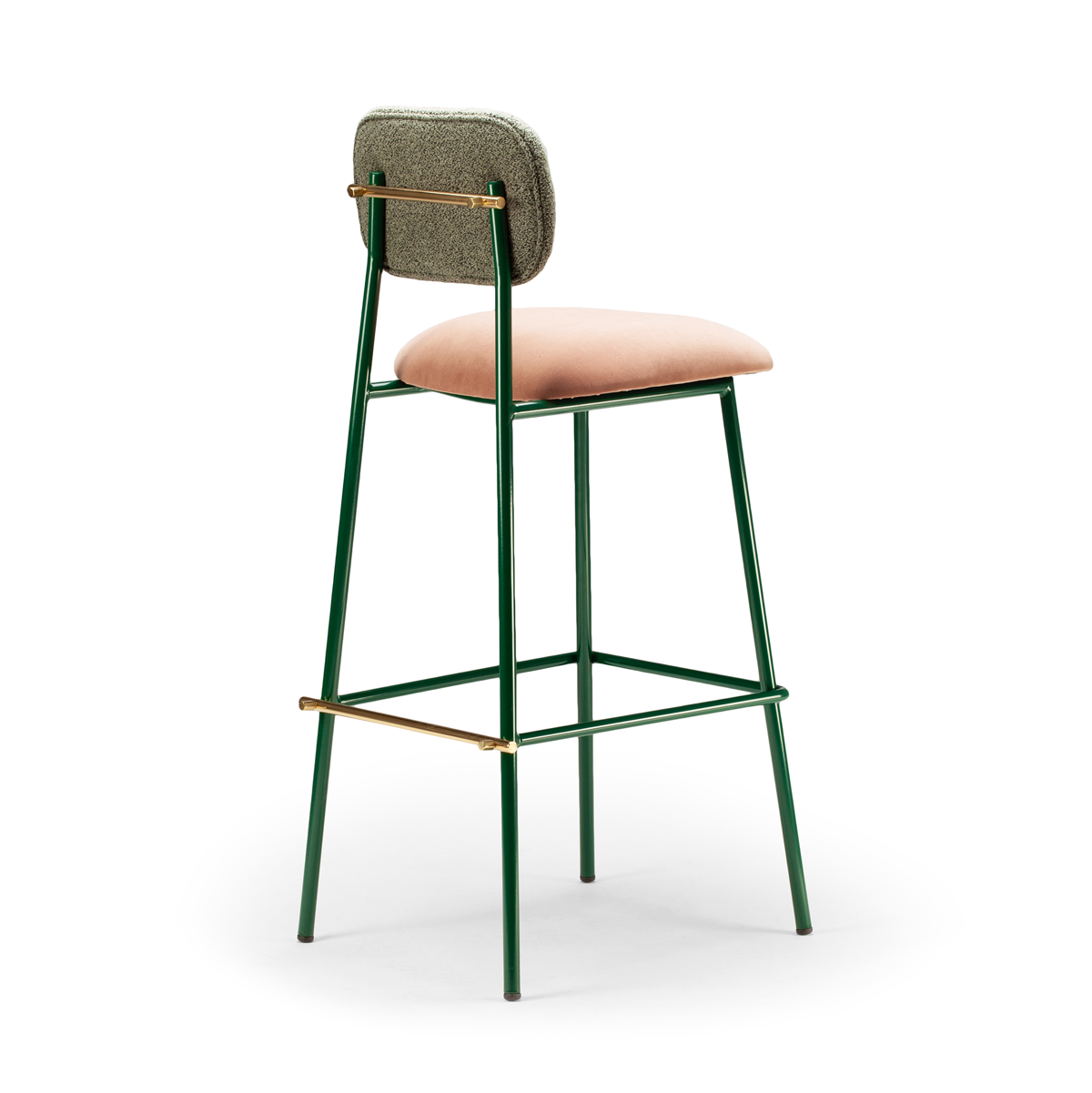 Miami Bar Chair with bouclé celadon back, rose water seat, emerald metal legs, and brass accents – theMADgroup