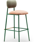Miami Bar Chair with bouclé celadon back, rose water seat, emerald metal legs, and brass accents – theMADgroup
