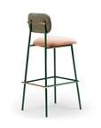 Miami Bar Chair with bouclé celadon back, rose water seat, emerald metal legs, and brass accents – theMADgroup