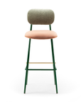 Miami Bar Chair with bouclé celadon back, rose water seat, emerald metal legs, and brass accents – theMADgroup