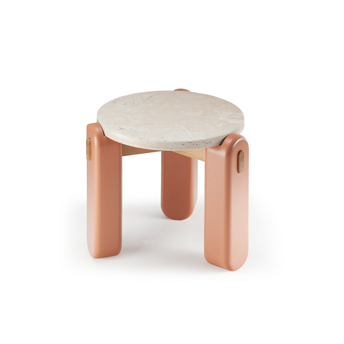 Mona side table with travertine top, powder lacquered wood feet, and natural oak accents – theMADgroup
