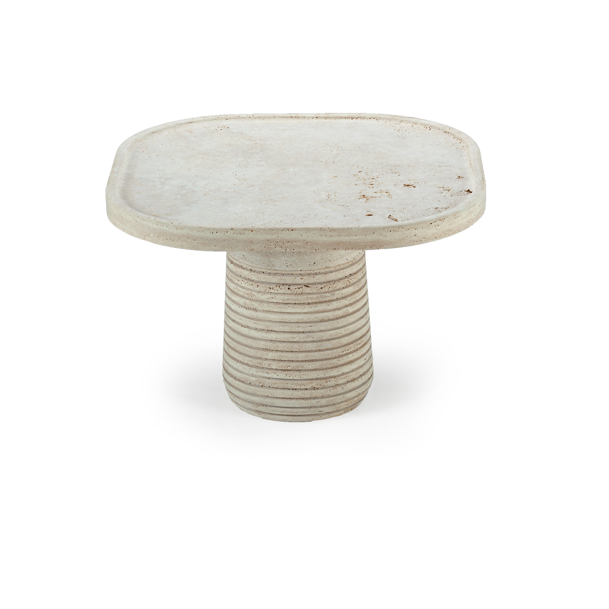 Poppy side table in natural travertine with characteristic holes and pits – theMADgroup